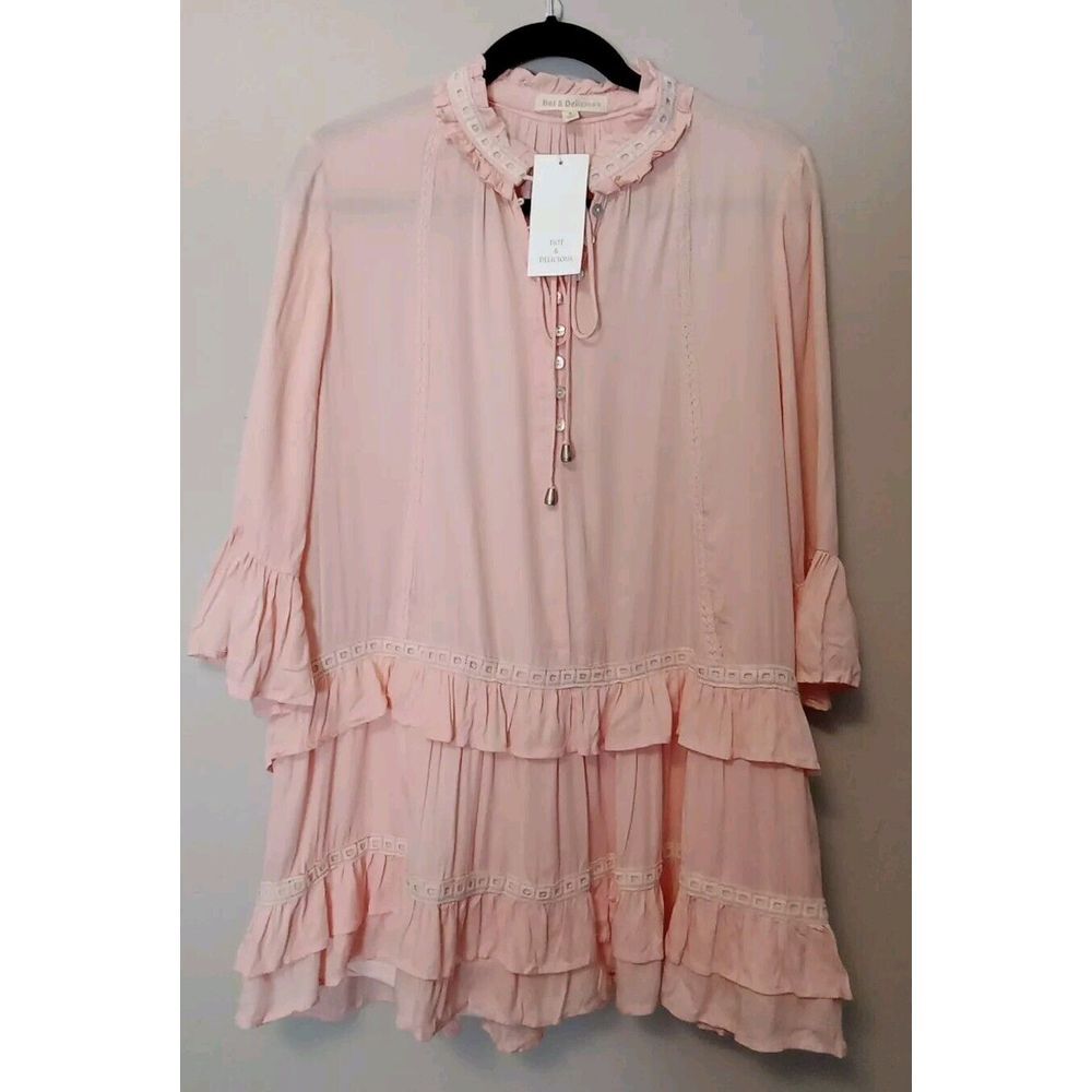 hot and delicious Women Pink Tiered Bell Sleeve Ribbon Embroidered Dress Size S